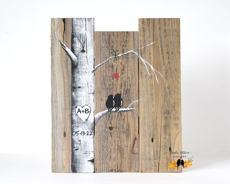 Personalized 5th Anniversary Gift, Love Birds in Colorado Aspen Tree Painting on Wood, Birch Tree Wedding Gift for Couple, Mountain Home Art image 5