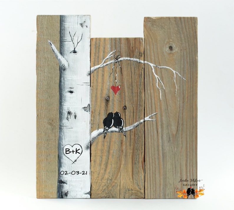 Personalized 5th Anniversary Gift, Love Birds in Colorado Aspen Tree Painting on Wood, Birch Tree Wedding Gift for Couple, Mountain Home Art image 9