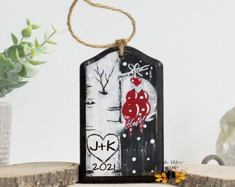 Personalized Birch Tree with Date and Initials in Heart, Valentine Gift or her, Colorado Aspen Tree with Red Birds Ornament, Gift for Couple