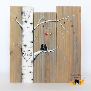 Regalo personalizado para el 5.º aniversario, cuadro de pájaros enamorados en un álamo temblón de Colorado pintado sobre madera, regalo de boda con temática de abedules para parejas, arte para el hogar en la montaña.