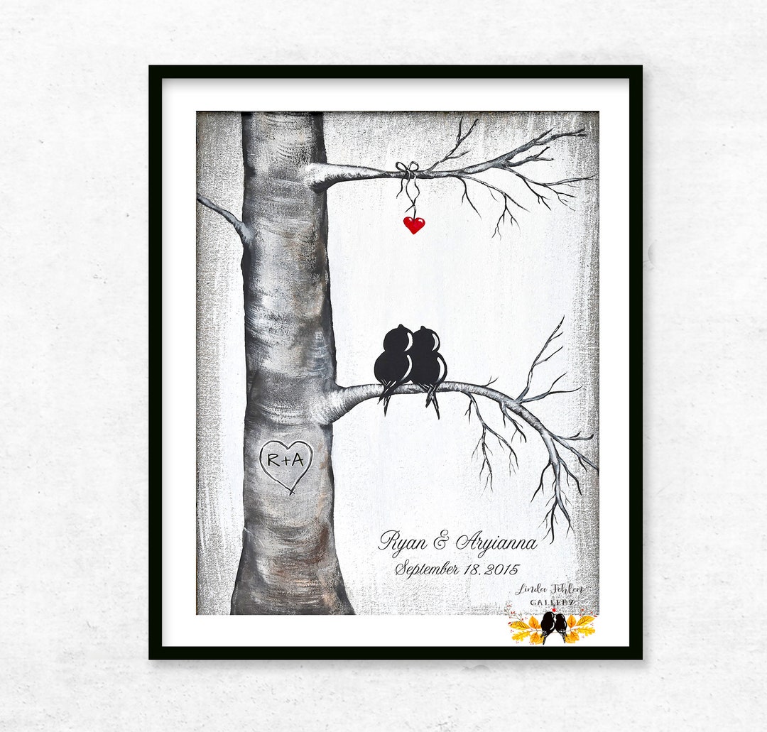 1st Anniversary Gift Personalized Print, Love Birds in Tree and ...