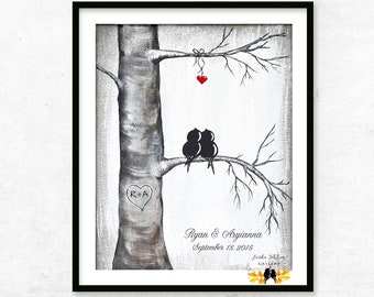 1st Anniversary Gift Personalized Print, Love Birds in Tree and Initials in Heart, Custom Art with Optional Frame, Wedding Gift for Couple
