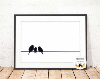 3 Little Birds Printable, Minimalist Nature Line Art, Bird Family of 3 Digital Download, Black and White Wall Decor, B&W Print at Home Art