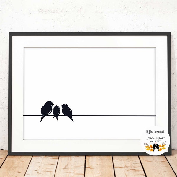 3 Little Birds Printable, Minimalist Nature Line Art, Bird Family of 3 Digital Download, Black and White Wall Decor, B&W Print at Home Art