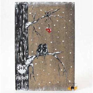 Personalized 5th Anniversary Gift, Unique Wedding Gift for Couple, Tree with Snow, Initials Date Carved in Heart Painting on Wood Love Birds