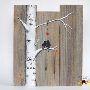 Personalized 5th Anniversary Gift, Love Birds in Colorado Aspen Tree Painting on Wood, Birch Tree Wedding Gift for Couple, Mountain Home Art image 8