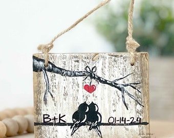 Personalized 2022 Wedding Small Gift, Couples Gift Exchange, Love Birds on a Wire, 5th Anniversary Gift for Her, Rustic Wooden Gift for Him