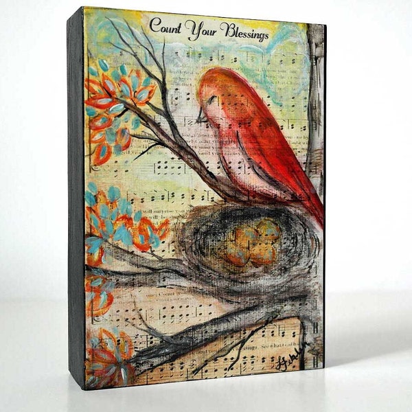 Mothers Day Gift Wood Decor Christian Gifts Music Art  Count Your Blessings Hymn Art Bird Painting Hymn Painting Inspirational Art Block