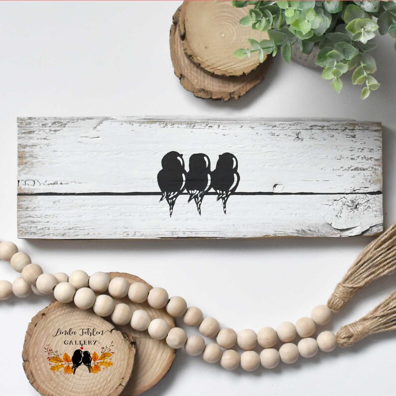 Three Little Birds Wall Art, 3 Little Birds Decor for Gallery Wall, Mothers Day Family of 3 Birds Painting on Reclaimed Wood, 3 Sisters Gift image 1
