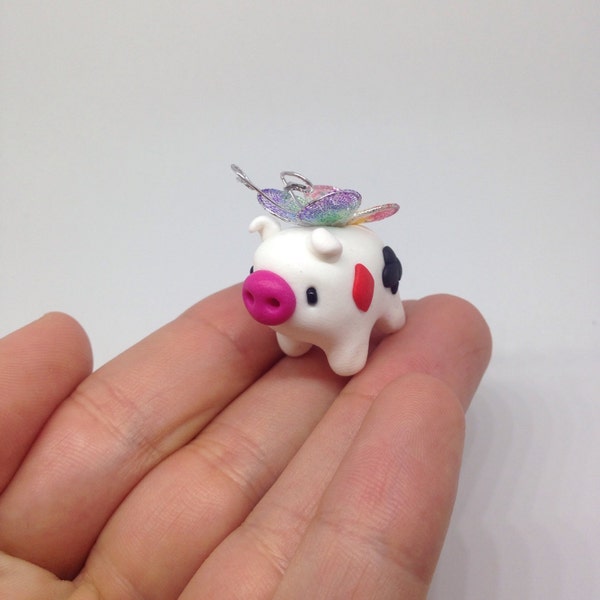 Flying Card Deck Pig - Polymer Clay Miniature Fairy Pig with Rainbow Wings