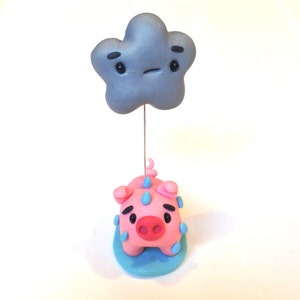 Polymer Clay Miniature Pink Pig Under a Rain Cloud, Cute Little Fimo Figurines Kawaii Style Animal