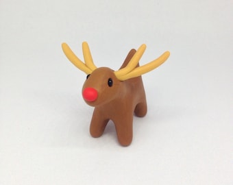 Miniature Xmas Rudolf the Reindeer Cute Little Christmas Figurines, Polymer Clay Fimo - Figurine Kawaii Style Animal