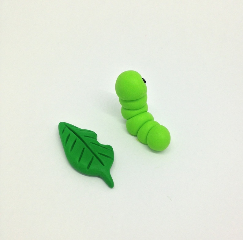 Polymer Clay Green Caterpillar & Leaf Figurine Cute Little Etsy