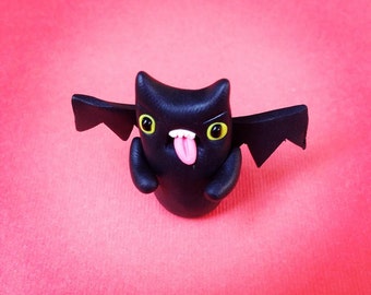 Bat Miniature, Cute Little Black Bat Figurine Fimo -  Polymer Clay Kawaii Style Goth Animal