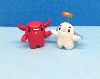 Figurines En Argile Polymère Little Angel & Devil , Mignonne Petite Figurine Fimo - Figurines de Style Kawaii