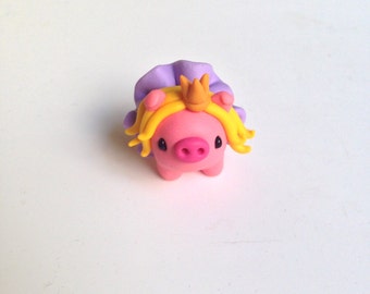 Polymer Clay Miniature Pink Pig princess, Cute Little Fimo Figurines Kawaii Style Animal