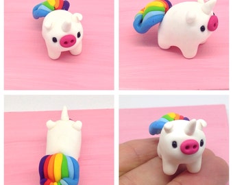 Handmade Polymer Clay miniatures, sweet Rainbow Pig Unicorn Figurine, Fairy Tale Legendary Girly Animal with a Colourful Rainbow Tail