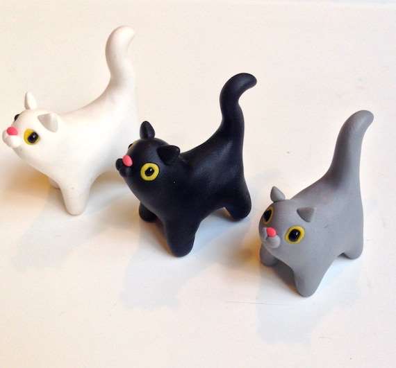 Polymer Clay Kawaii Set of Three Cute Cats Black, White and Gray 