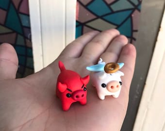Diabeł i Anioł Kawaii Świnki Charms, Słodkie Małe Świnki Czerwono-Białe