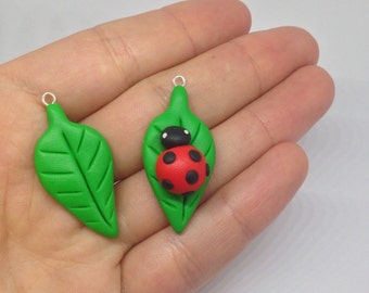 Polymer Clay Kawaii Leaf and Ladybug Charms, Whimsical Nature-inspired Accessories