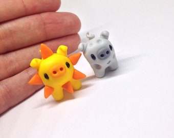 Kawaii Pigs Charms: Galactic Sun & Moon Polymer Clay