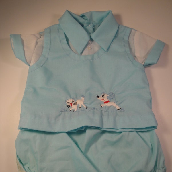 Vintage 1970's Baby Boy Outfit - 0 3 6 Months - Vintage Shirt & Diaper Cover - Embroidered Cat and Dog - Vintage Baby Shirt - Boy's Outfit
