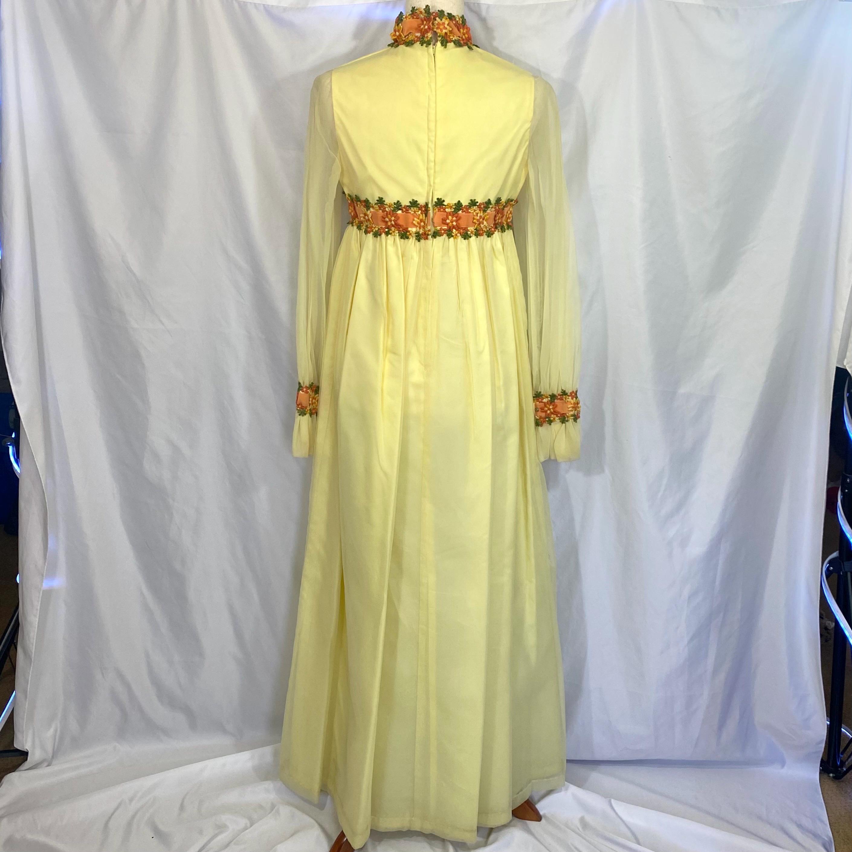 Vintage 70's Sheer Yellow Maxi Dress With Floral Embroidery Size