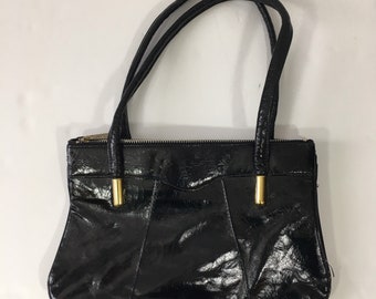 Vintage Black Vinyl Shoulder Bag - Vintage Purse - Vinyl Purse - 60’s Purse - Rockabilly Purse - Large Bag - Vintage Handbag