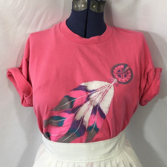 Vintage 90’s Pink Glitter Feather T Shirt Large -… - image 3