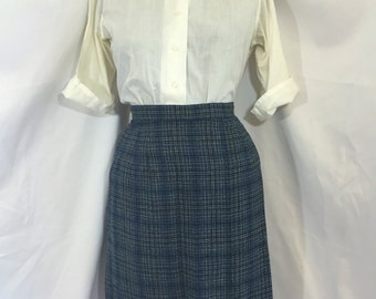 Vintage Blue Plaid Skirt: 1950s-60s Secretary Style (Size Small)