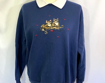 Vintage Top Stitch Navy Blue Collared Sweatshirt Petite Large - Vintage Cat Sweatshirt - Vintage Grandma Sweatshirt - Kitty Shirt