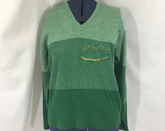 Vintage 70’s Sears King’s Road Collection Green Ombré Zeppelin Sweater Large - Vintage 70’s Sweater - Men’s Sweater - Vintage V Neck Sweater