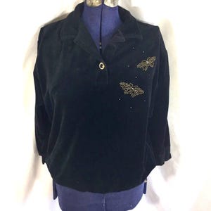 Vintage Velour Blouse - M L XL - 80&#39;s Sweater - Vintage Butterfly Sweater - Black Velour Sweater - 80&#39;s Butterfly Shirt - Large Vintage