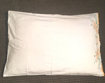 Antique Embroidered Tatted Pillowcase - Vintage Pillowcase - Shabby Chic Pillowcase - Cottagecore Bedding
