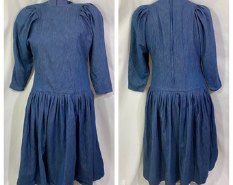 Vintage 80’s Lorch of Dallas Blue Denim Drop Waist Dress Small Medium - Vintage Denim Dress - Vintage Western Dress - 80’s Dress