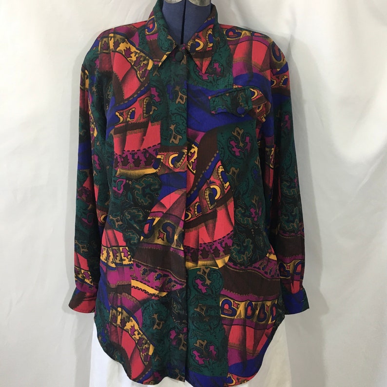 Vintage 80\u2019s Bright Abstract Print Button Down Shirt Large XL Vintage 80\u2019s Blouse Vintage XL Long Sleeve Shirt Vintage Large Blouse
