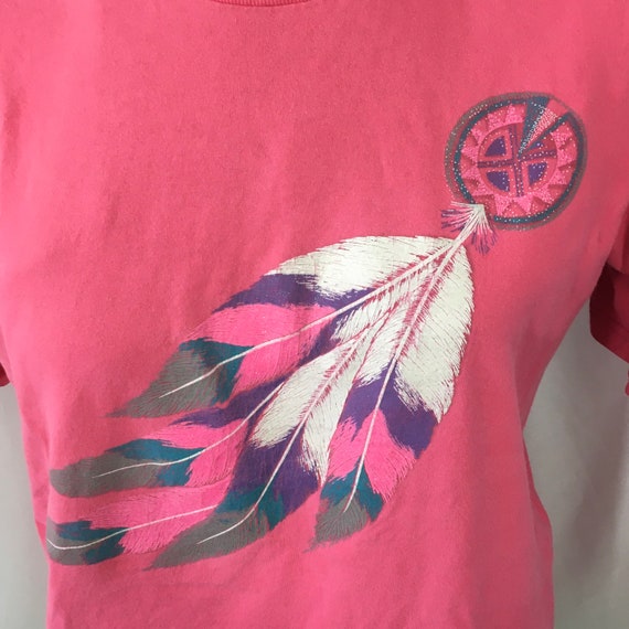 Vintage 90’s Pink Glitter Feather T Shirt Large -… - image 4