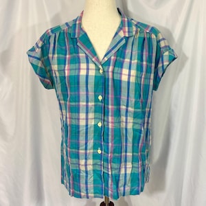 Women’s Vintage 80’s Plaid Button Down Blouse Size Large - Large Blouse - 80’s Blouse - Large Vintage Shirt - Women’s Shirt