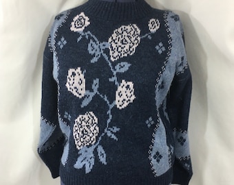 Women’s Vintage Flower Sweater Small Medium - Vintage Sweater - Small Sweater - 80’s Sweater - 90’s Sweater - Blue Sweater