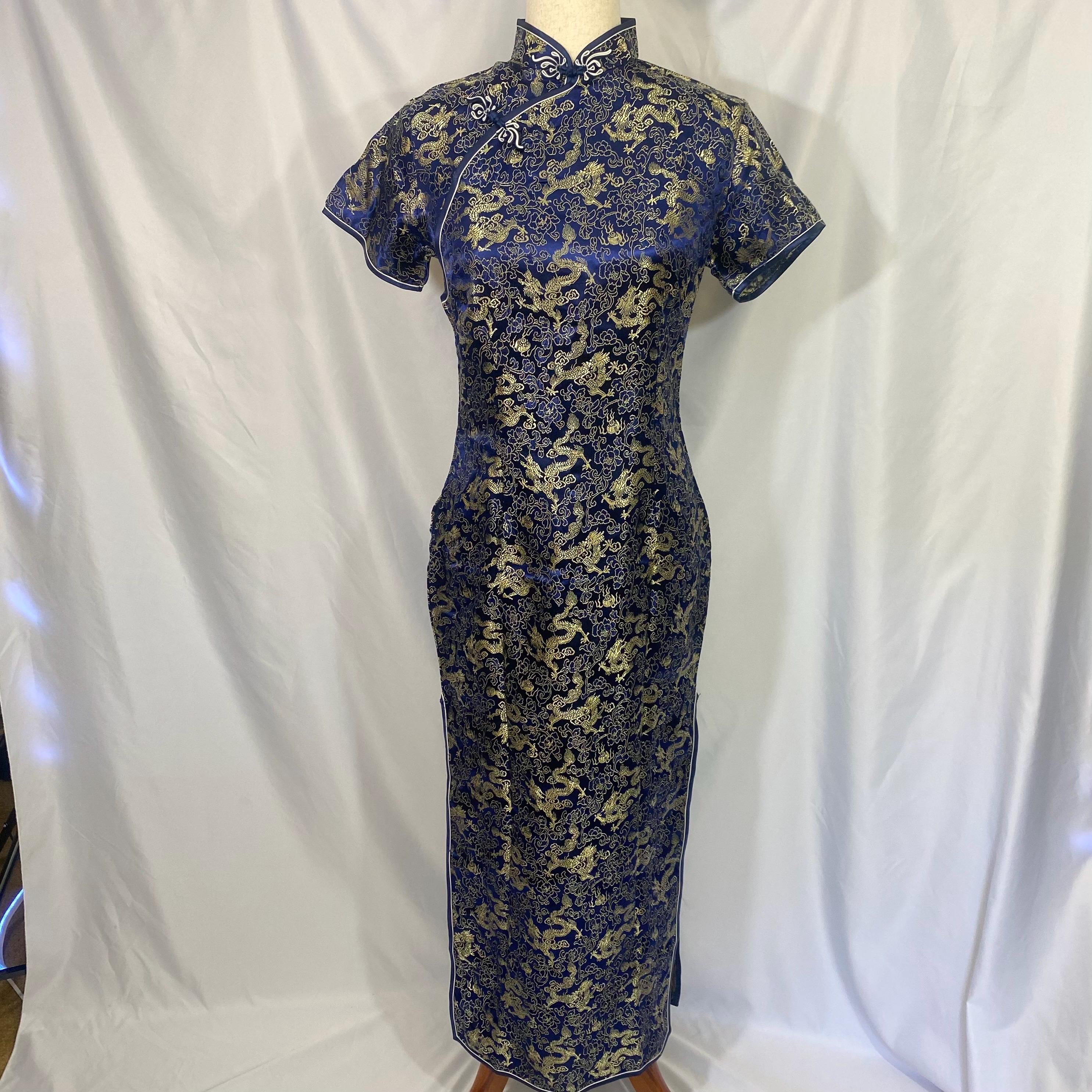 blue and gold chinese dress Vintage 90's Golden Dragon Qipao Small Medium - Vintage Cheongsam Dress - Vintage Dragon Dress - Dress BF27