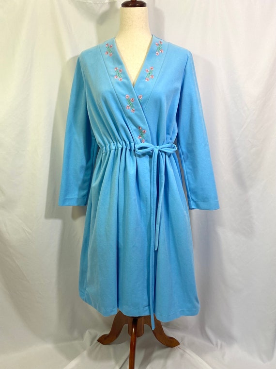 Robe D'intérieur Vintage Années 70 - Bleu Ciel Et Or, Taille 38, Marque Gemma - Très Bon état