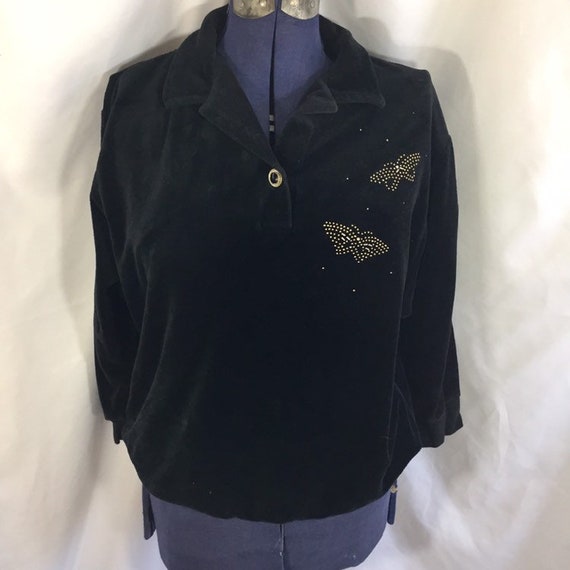 Vintage Velour Blouse - M L XL - 80's Sweater - V… - image 1