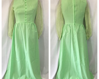 Vintage 70’s Sheer Sleeve Maxi Dress Medium - Vintage Green Dress - Medium Maxi Dress - Vintage Prom Dress - Vintage Formal Gown