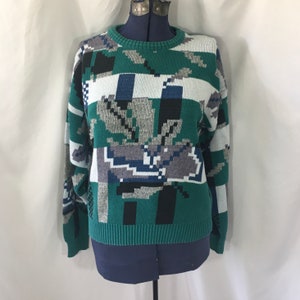 Vintage 80s London Fog Sweater: Teal Abstract Pattern, Size Medium
