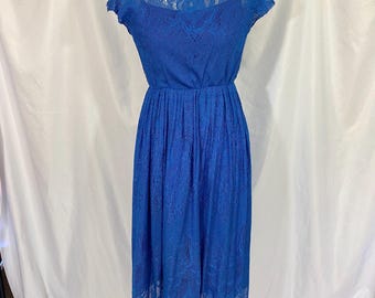 Vestido midi vintage de encaje azul XS - Vestido vintage de encaje - Vestido vintage XS - Vestido rockabilly
