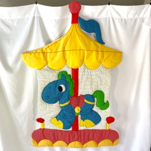 Vintage 80’s Quilted Carousel Horse Wall Hanging - Vintage Nursery Decor - Vintage Baby Room - 80’s Nursery Art