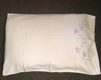 Antique White Pillowcase with Cross Stitching - Vintage Pillowcase - Shabby Chic Pillowcase - Vintage Cottagecore Bedding