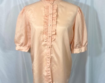 Vintage Orare Bluse aus den 80er Jahren, pfirsichfarben, kurzärmelig mit Rüschen, Größe L