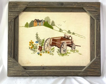 Vintage 70’s Crewel Picture with Repurposed Barn Wood Frame - Large Crewel - Vintage Crewel Art