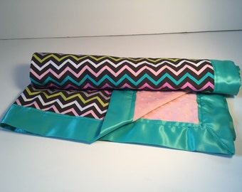 Girl&#39;s Pink Chevron Baby Blanket - Soft Pink Minky - Teal Green Satin Trim - Baby Shower Gift - Toddler Blankie - READY TO SHIP!